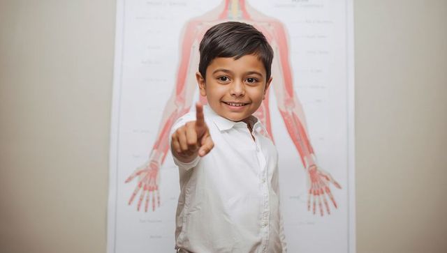 Confident indian boy pointing and smiling in clinic beside anatomy chart for child health