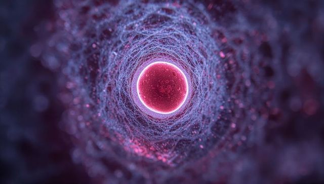 Glowing magenta cellular orb radiating in filament matrix, microscopic luminescent core