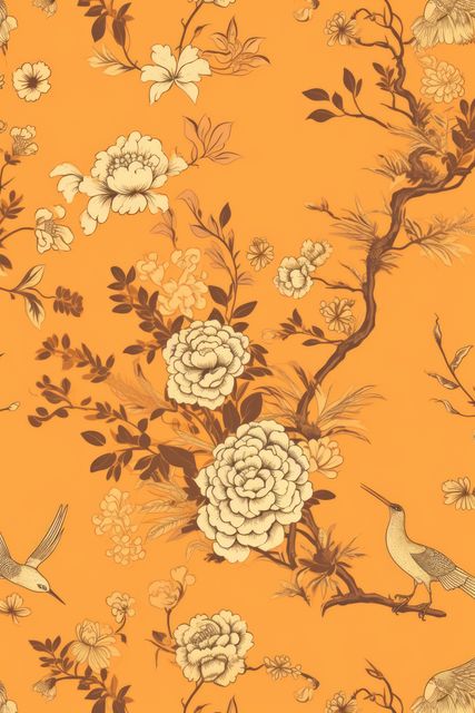 Repeatable pattern of chinoiserie on orange background, created using generative ai technology. Chinoiserie, interior design and decorative pattern concept digitally generated image.