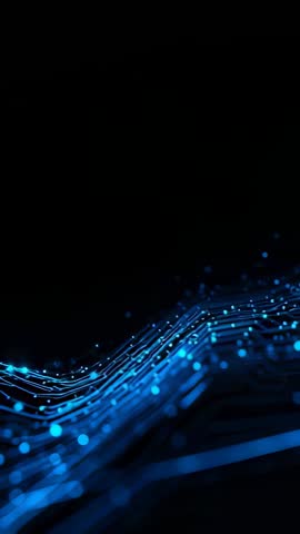 Vertical video: Pulsing glowing blue data grid flowing across void with blinking nodes