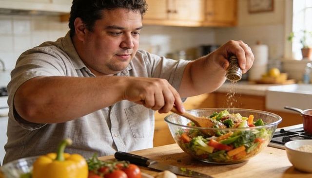 Man seasoning and tossing fresh vegetable salad in cozy home kitchen