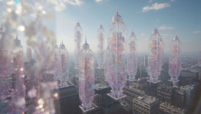 Surreal Crystalline Towers Floating Over Urban Landscape