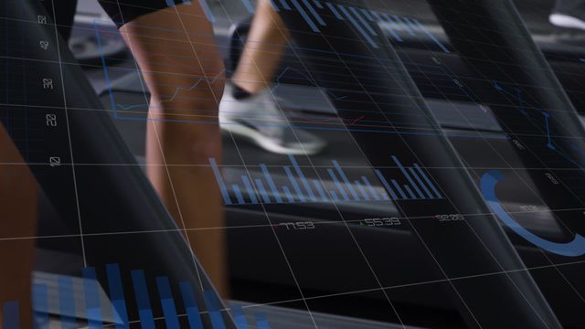 Video of people using treadmills at gym with superimposed statistical data graphics. Useful for illustrating concepts related to fitness technology, data analysis in sports, health monitoring, and high-tech gym facilities. Ideal for websites, blogs, and advertisements focusing on fitness tracking, workout efficiency, and modern gym amenities.