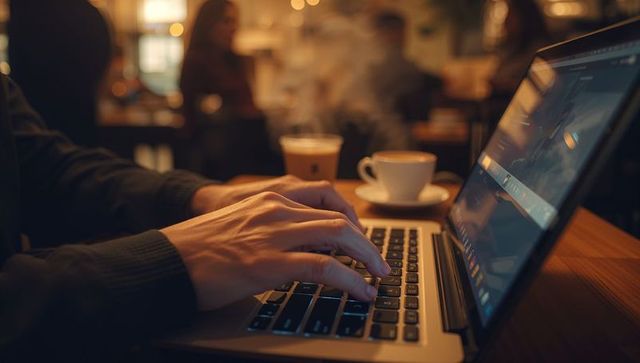 Hands typing on laptop in cozy coffee shop with cups around