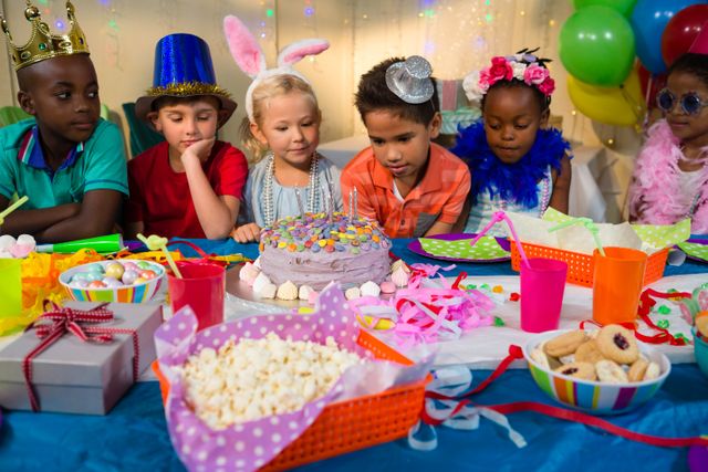 Children looking at birthday cake on table during party