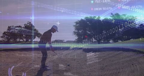 Golfer practicing in bunker with futuristic digital interfaces