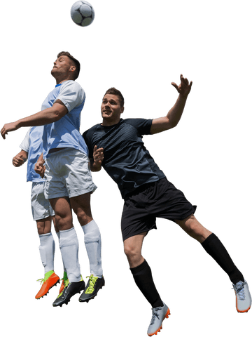 Dynamic Caucasian Soccer Players Jumping for Ball on Transparent Background