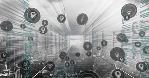 Futuristic Cityscape with Digital Network Overlay and Data Icons