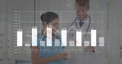 Clinical team reviewing patient data on tablet with interactive chart overlay