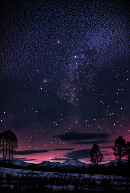 Mountainous landscape includes a star-filled sky at twilight with silhouetted trees. Ideal for themes related to stargazing, nature, outdoor camping, astrophotography. Well-suited for backgrounds, posters, wall art.