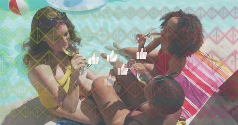 Three women sipping wine at pool edge, sunlit summer gathering, friends relaxing