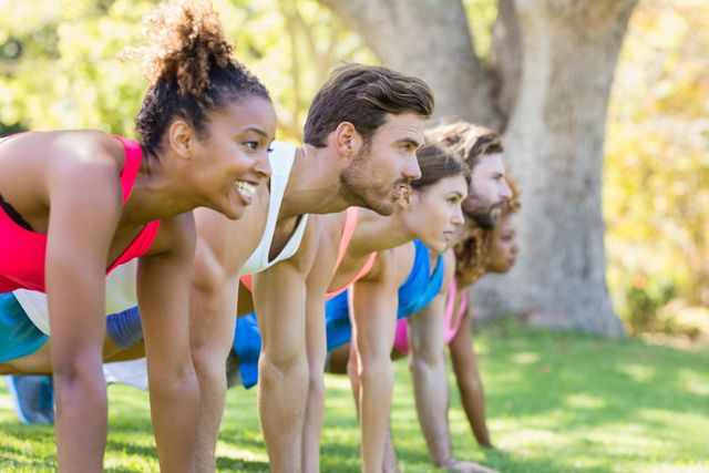 Diverse group of friends engaging in outdoor exercise in a park. They are in a plank position, smiling and looking motivated. Ideal for promoting fitness, healthy lifestyle, community activities, and outdoor workouts.