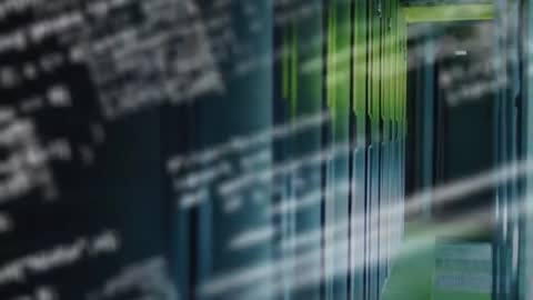 Futuristic Server Room with 3D Render Code Flow