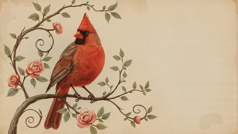 Vintage Red Northern Cardinal on Flourishing Branches with Roses