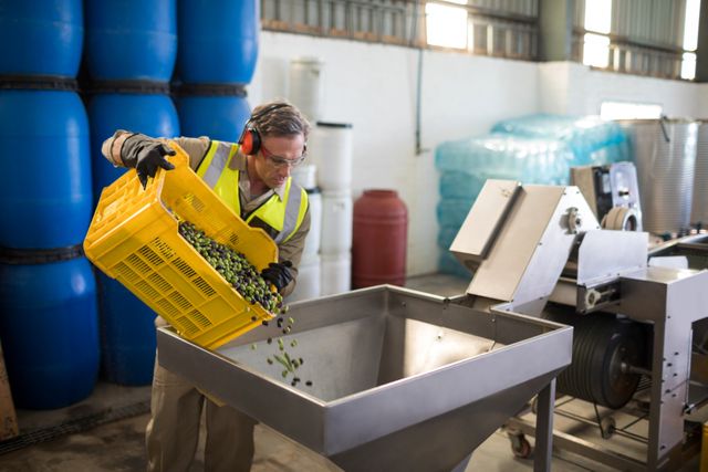 This image shows a worker wearing a high-visibility vest and ear protection, pouring harvested olives into a machine at an industrial factory. Ideal for use in materials related to food production, agriculture, factory processes, and manufacturing. Suitable for illustrating articles about the olive oil production process, industrial work environments, and food quality control.