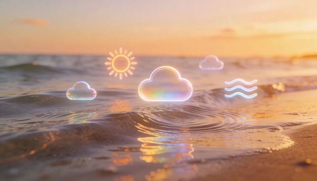 Holographic weather icons hovering over sunset beach waves casting iridescent reflections