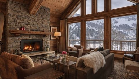 Cozy mountain lodge living room featuring stone fireplace and panoramic snowy valley views