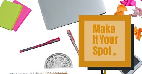 Organized Desk with Stationery and 'Make It Your Spot' Message - Download Free Stock Images Pikwizard.com
