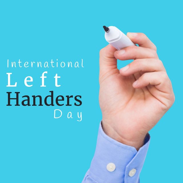 Cropped hand of caucasian businesswoman holding felt-tip pen and international left handers day text. Blue background, composite, copy space, unique, lefty, problems, celebration and awareness.