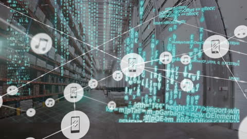 Futuristic Warehouse With Digital Data Network Overlay