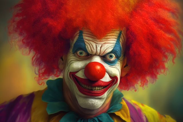 Close-up of a creepy clown featuring a red afro and colorful makeup. The clown is displaying a scary smile and wide eyes, creating a very unsettling and eerie expression. Useful for horror-themed projects, scary stories, Halloween promotions, or psychological thriller posters.