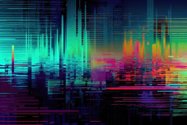 Glowing colourful interference lines and pixels on black, created using generative ai technology. Visual distortion and data technology abstract background concept digitally generated image.