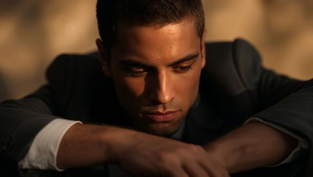 Brooding man leaning with folded forearms in dramatic side light, cinematic editorial