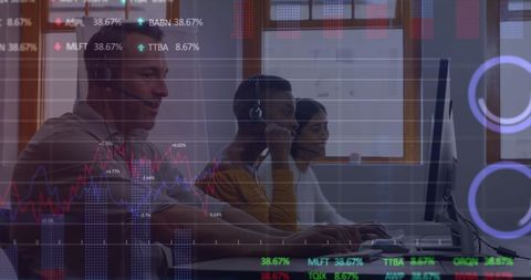 Financial traders analyzing data with technology interface overlay