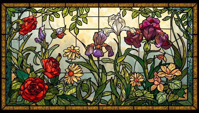 Vibrant floral stained glass window with botanical design