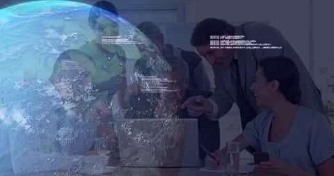 Business Professionals Innovating with Digital World Idea Overlay