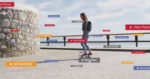 Young Woman Longboarding Amidst Digital Notifications Outdoors