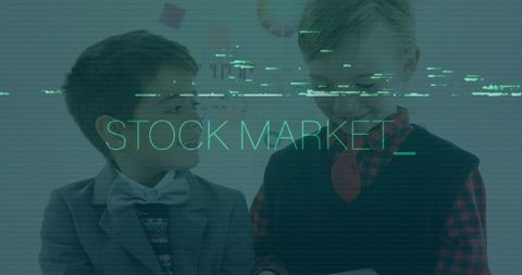 Young students presenting stock market trends on tablet with digital glitch overlay