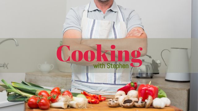 Man in apron standing behind a kitchen counter filled with various fresh vegetables like bell peppers, tomatoes, and mushrooms. Can be used to depict home cooking, healthy eating, and culinary practices. Ideal for use in blogs, recipe websites, cooking tutorials, and advertising cooking classes or kitchen appliances.