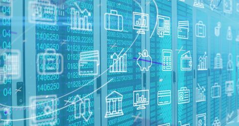Digital Finance Icons Overlay on Data Center Background - Download Free Stock Images Pikwizard.com