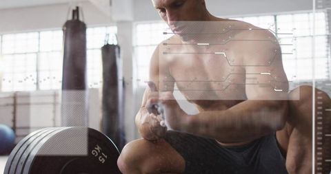 Shirtless athlete preparing heavy deadlift with chalked hands and digital hud overlay