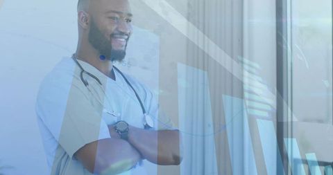 Confident Doctor Reviewing Digital Charts in Clinic