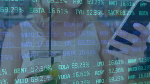 Double Exposure: Financial Data Overlay With Woman Using Smartphone and Drink