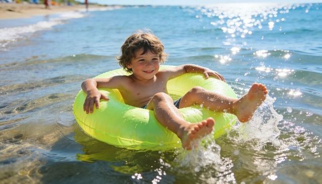 Smiling boy floating in neon green inflatable ring, kicking and splashing at shallow shore