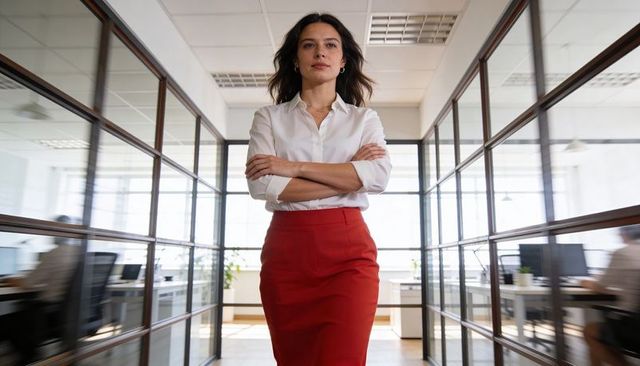 Confident female executive walking through modern glass office corridor