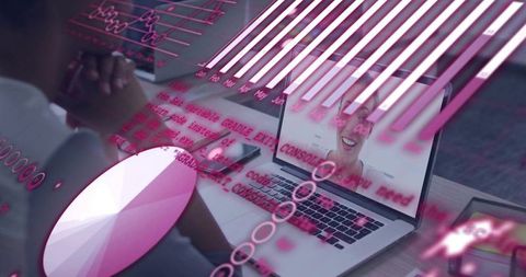 Remote video meeting with data visualization overlays and business collaboration