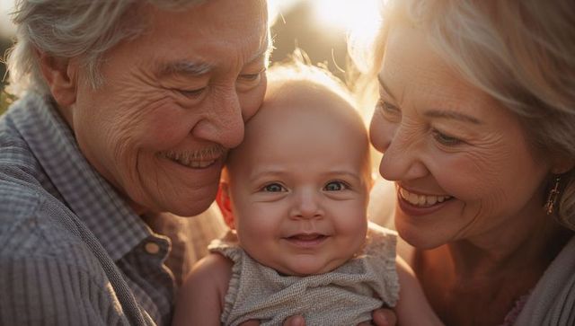 Smiling grandparents cuddling happy baby at golden hour, tender multigenerational family moment