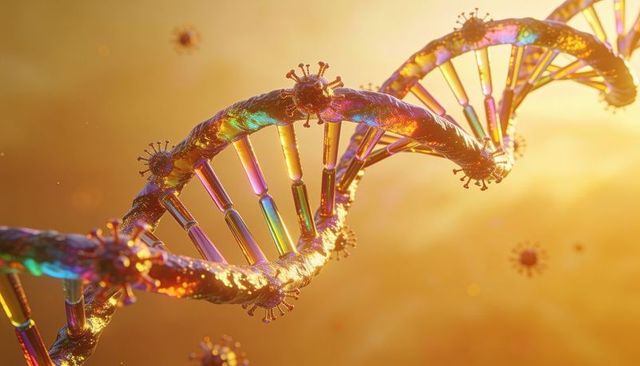 Glowing iridescent dna helix twisting with viral particles in golden backlight