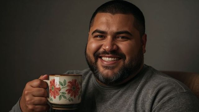 Warm smiling bearded man holding floral ceramic mug, cozy closeup portrait in gray sweater