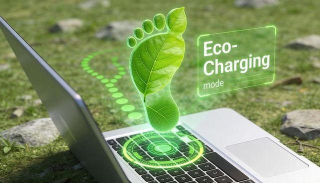 Laptop projecting green leaf footprint hologram representing eco charging mode sustainable energy