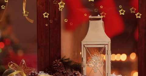 Holiday Lantern by Festive Window with Falling Stars