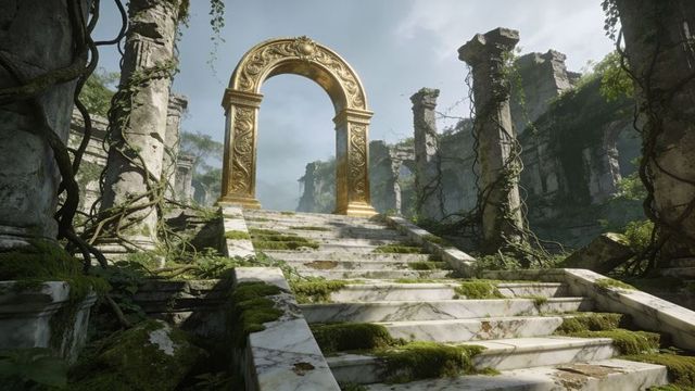 Shimmering gilded arch rising above moss-covered marble stairs in ancient overgrown ruin