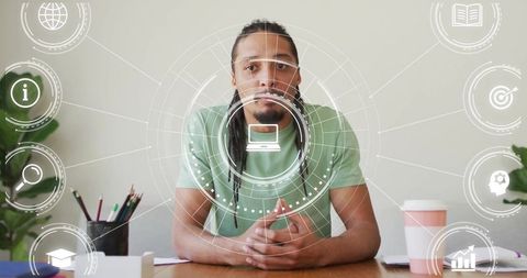 Young Professional Engaging with Digital Interface in Home Office Setting