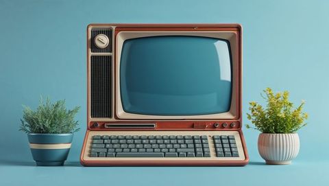 Retro computer with built-in keyboard between potted plants for website designs