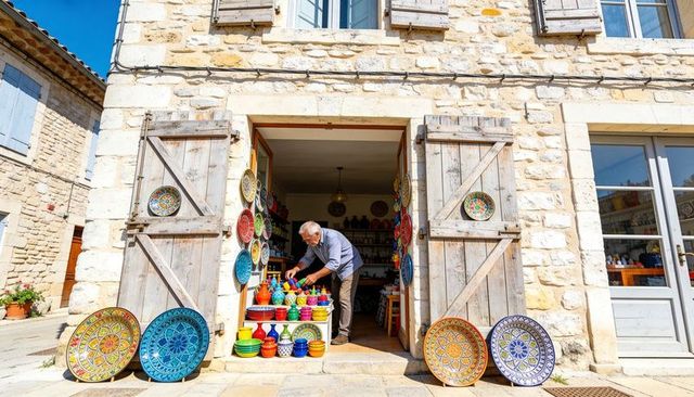 Senior shopkeeper arranging colorful hand-painted ceramics at rustic stone storefront