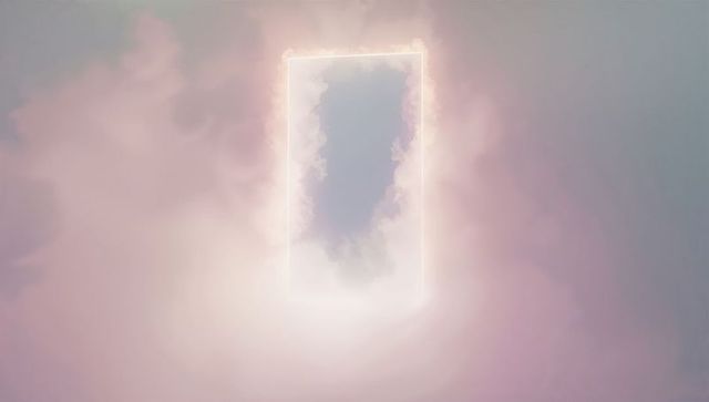 Surreal glowing portal in pastel clouds dreamscape